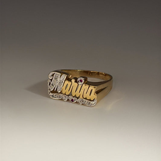 Vintage “MARINA” Name Ring -14K Gold with diamonds
