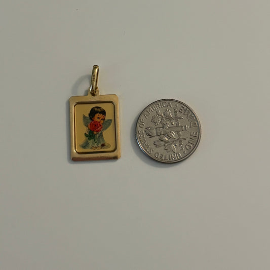 Vintage Italian Angel with Rose Pendant in 14K Gold