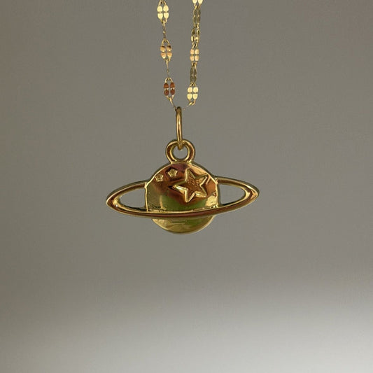 14k Solid Gold Saturn Planet Charm with Stars