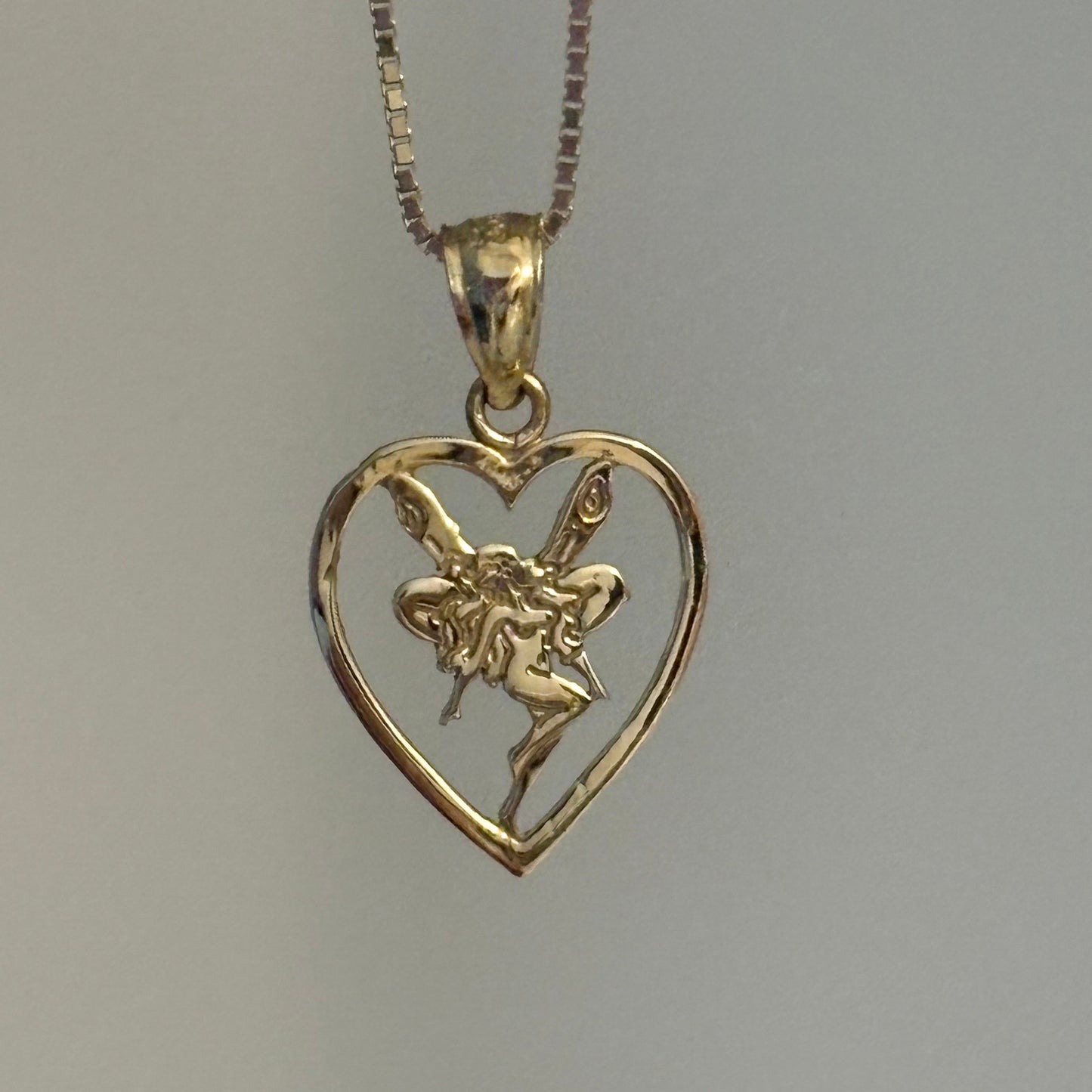 14K Solid Gold Fairy & Heart Charm Pendant