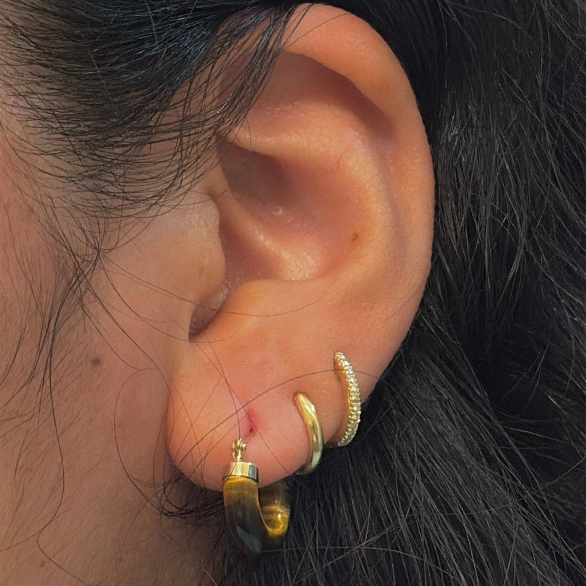 14K Gold Mini Gemstone Hoop Earrings — Jade, Tiger’s Eye, or Mother of Pearl