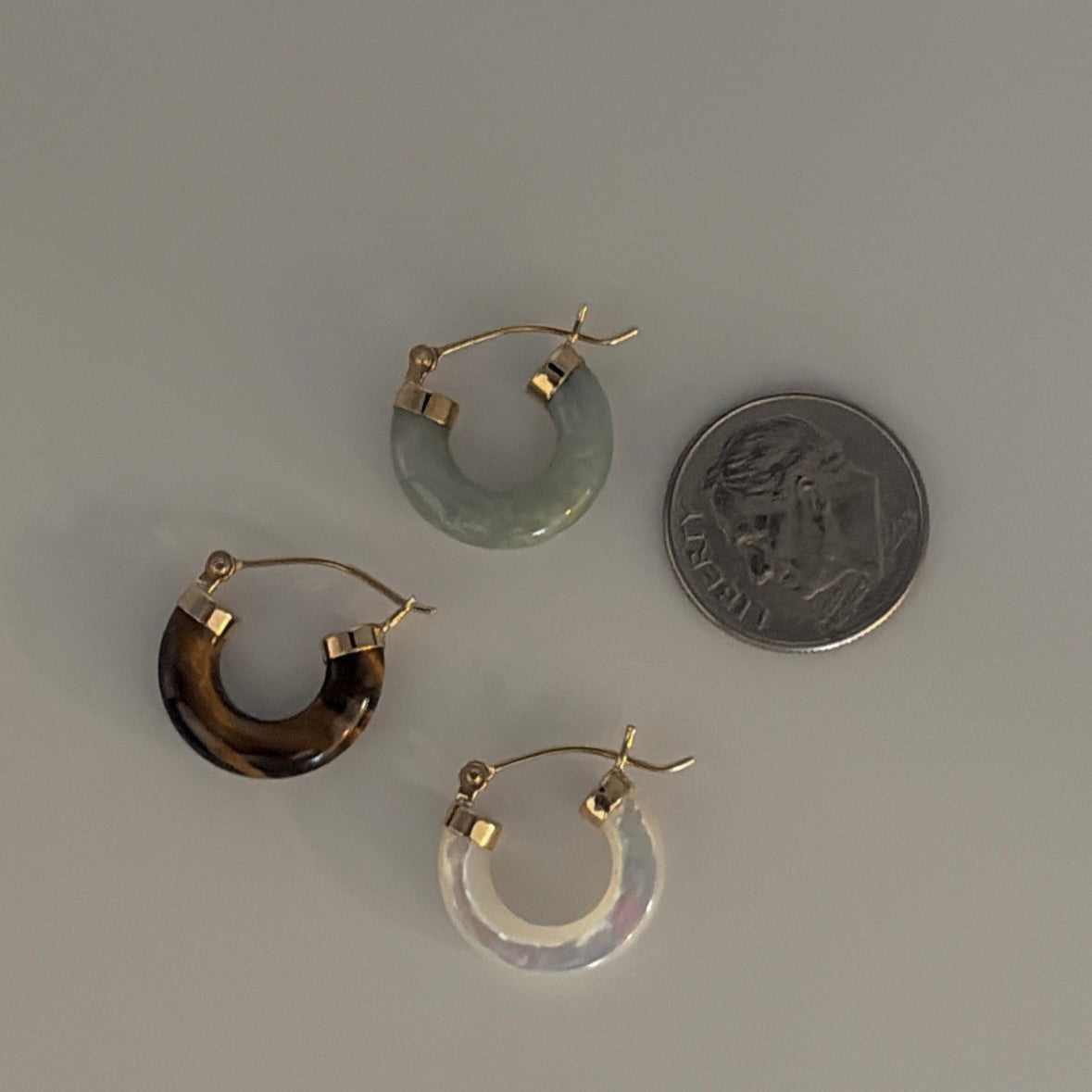 14K Gold Mini Gemstone Hoop Earrings — Jade, Tiger’s Eye, or Mother of Pearl