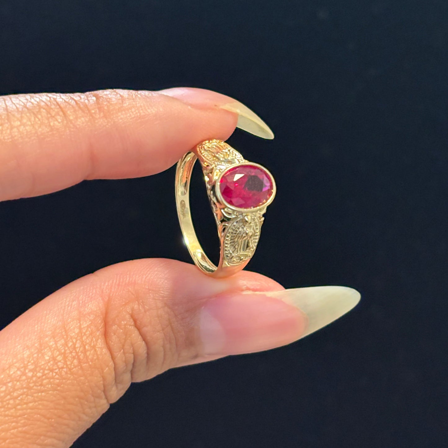 14K Gold Red CZ Virgencita Ring