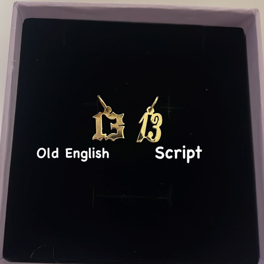 Custom 14K Mini Number Charm -Old English or Cursive Font