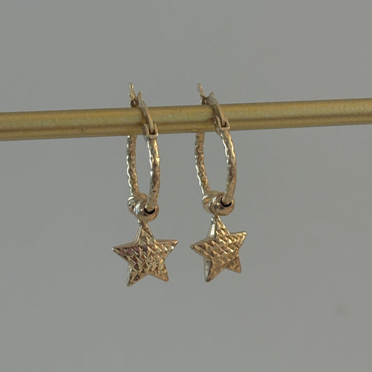 14K Yellow Diamond-Cut Star Dangle Hoop Earrings