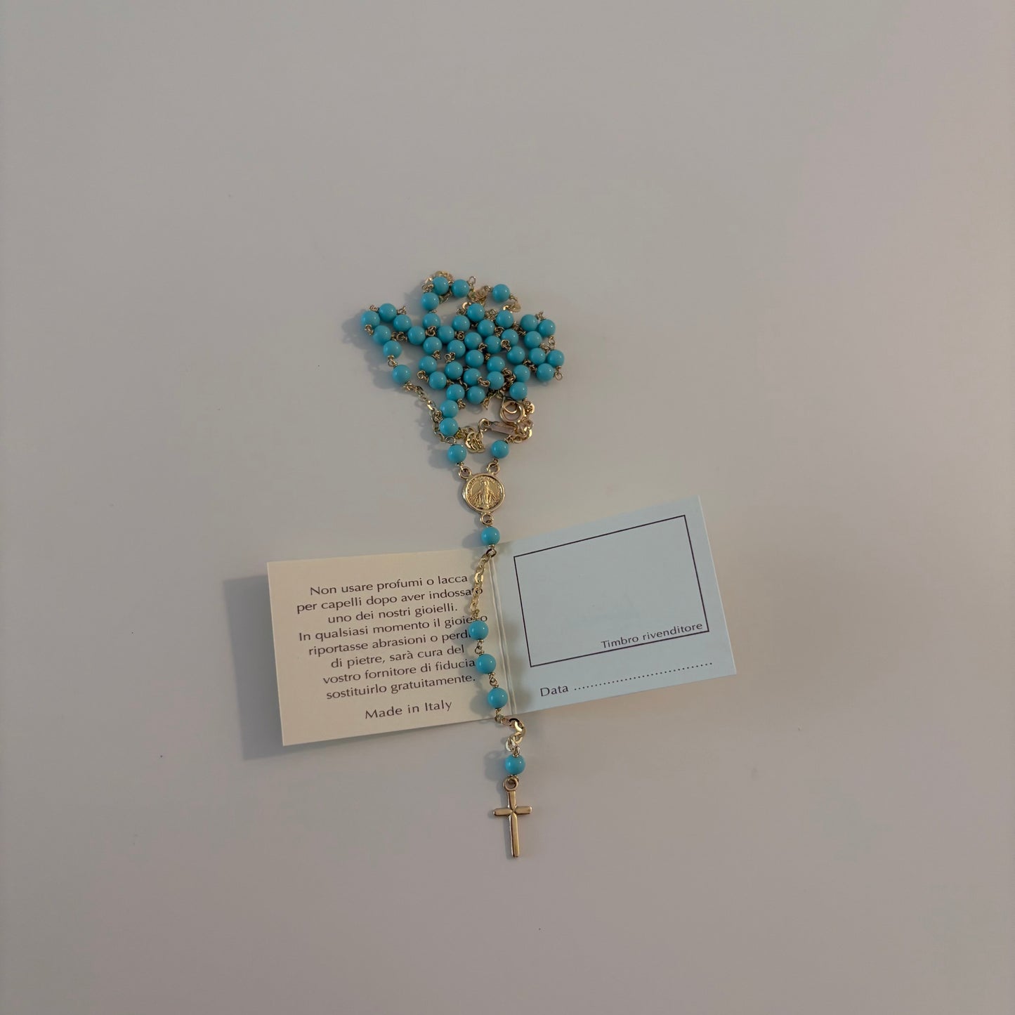 14K Gold Rosary Necklace with Turquoise Beads – Made in Italy by Luisiana