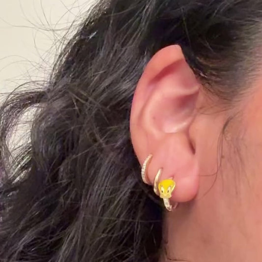 14K Gold Tweety Enamel Hoop Earrings