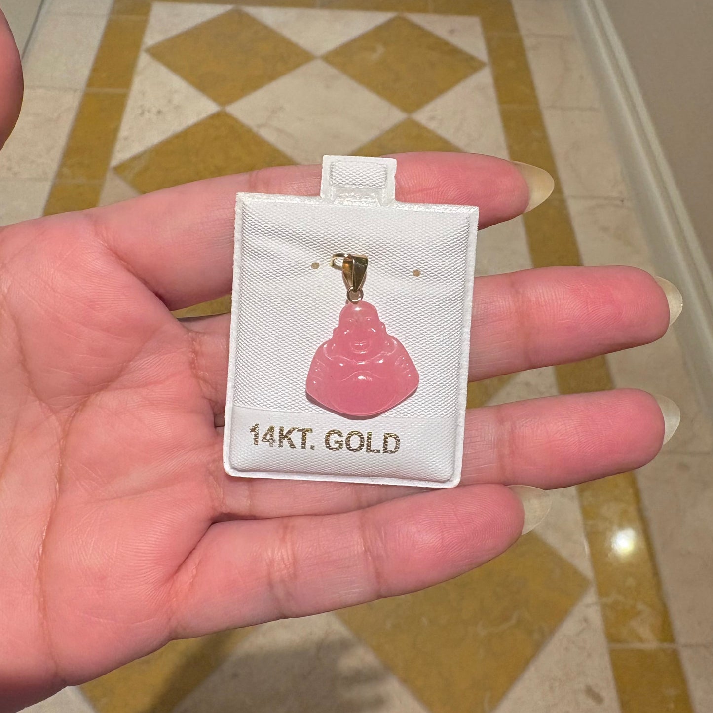 14K Gold Pink Jade Laughing Buddha Pendant