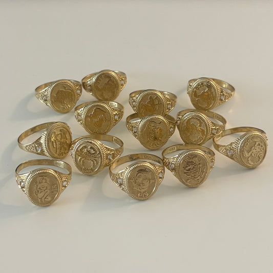 10K Yellow Gold Zodiac Signet Rings with CZ Accents – Scorpio, Sagittarius, Leo, Pisces, Cancer, Virgo, Gemini, Taurus