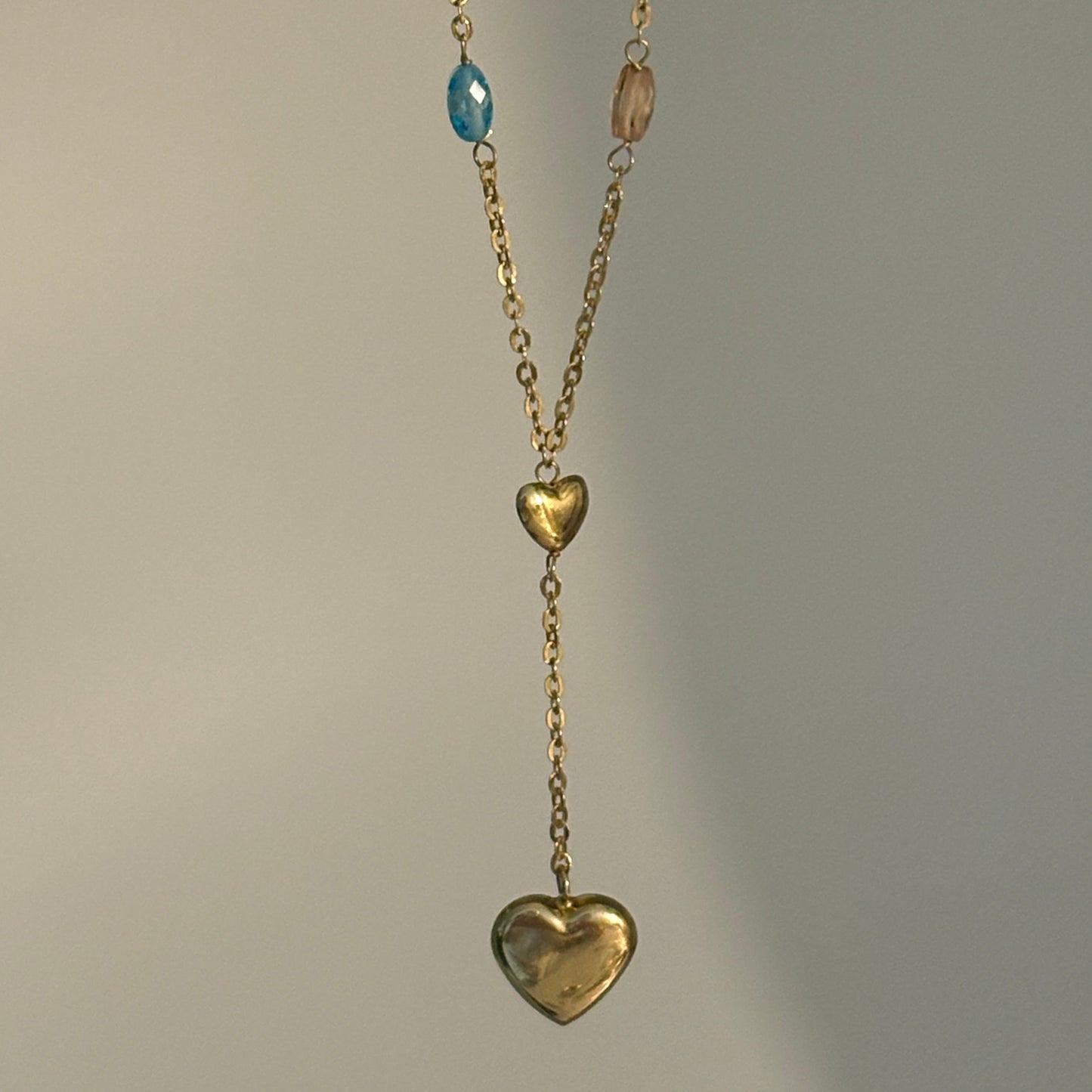 14K Yellow Gold Multicolor CZ Puffy Heart Lariat Necklace