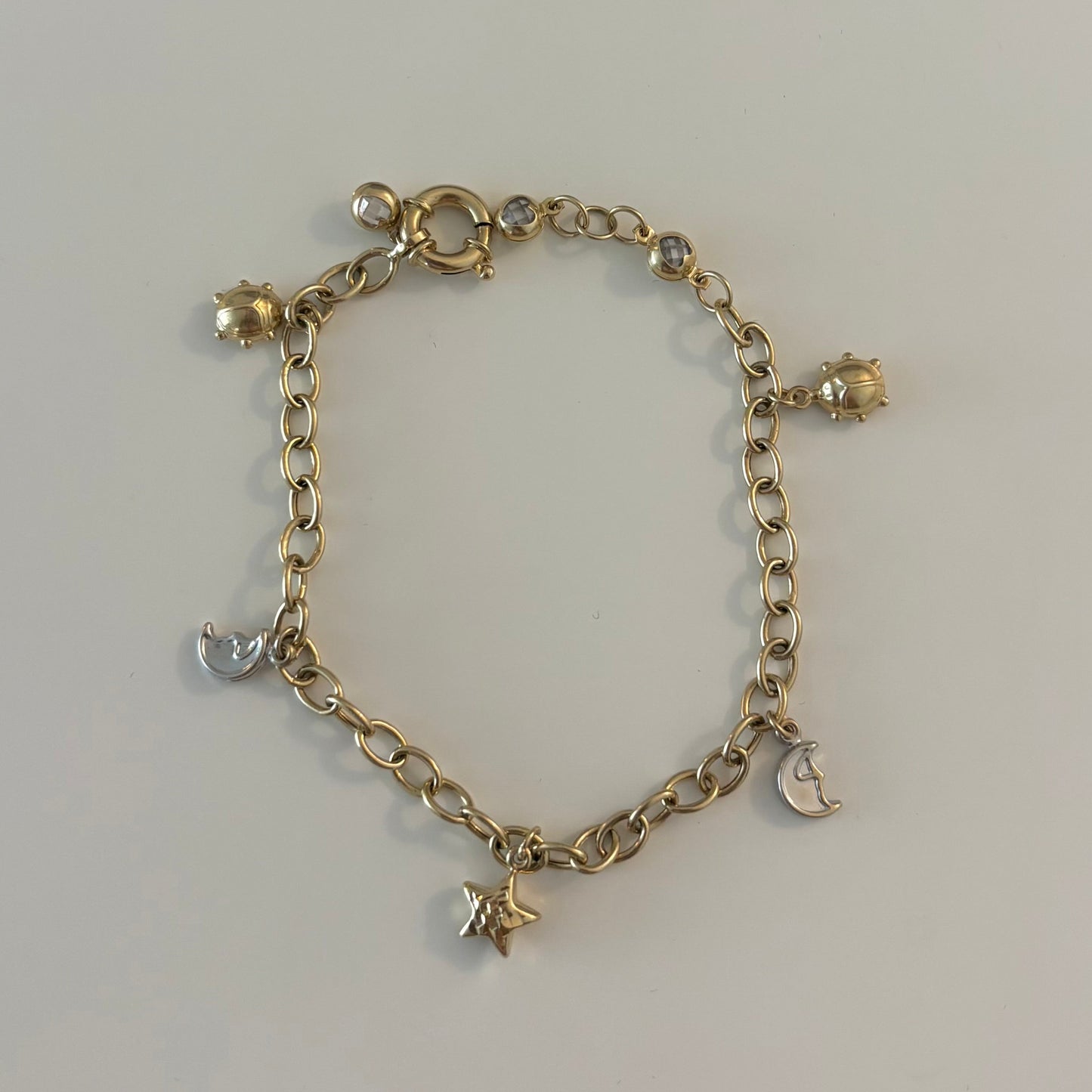 Italian 14K Yellow Gold Charm Bracelet Adjustable 8” Star Moon Ladybug Solid Gold