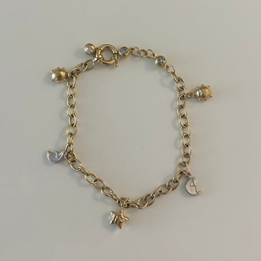 Italian 14K Yellow Gold Charm Bracelet Adjustable 8” Star Moon Ladybug Solid Gold