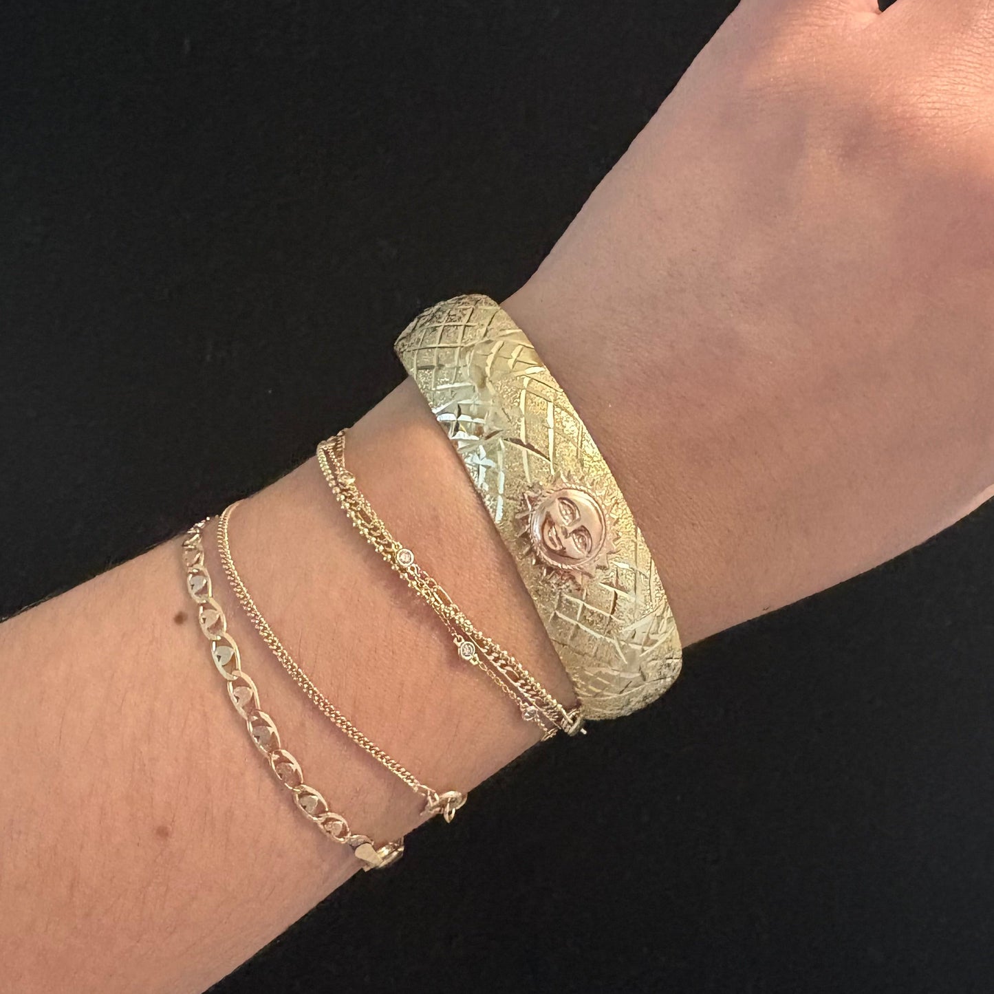 14K Two-Tone Sun Motif Adjustable Bangle Bracelet | Handmade Look