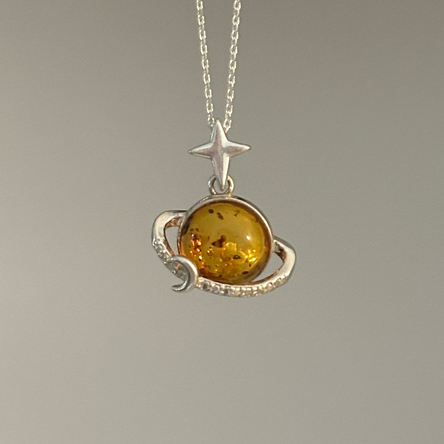 Sterling Silver Saturn Amber Planet Charm Pendant with CZ Accents