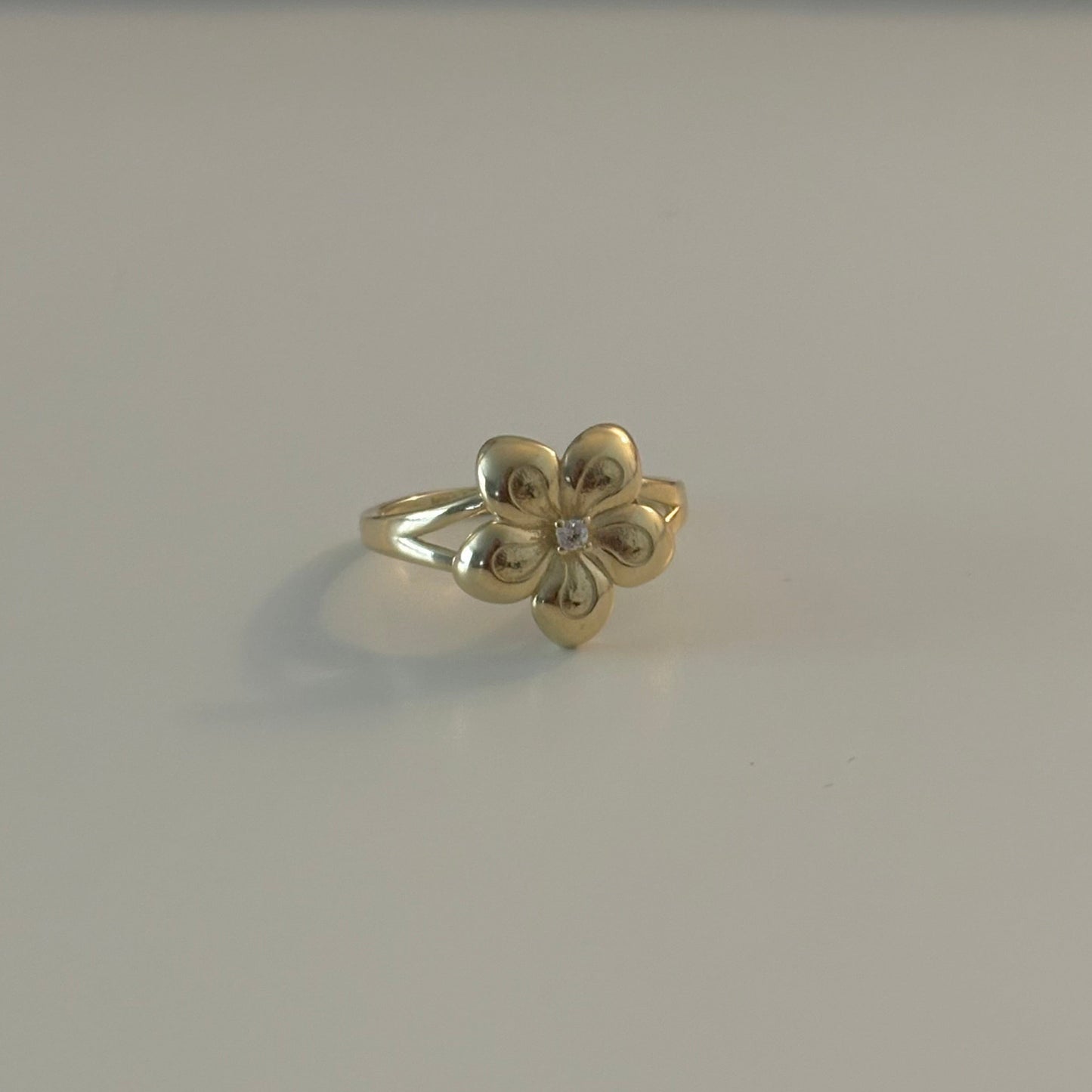 10K Yellow Gold Plumeria Flower Ring with CZ Center