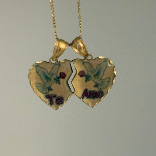 14K Gold Breakable Heart Charm with Doves “Te Amo”