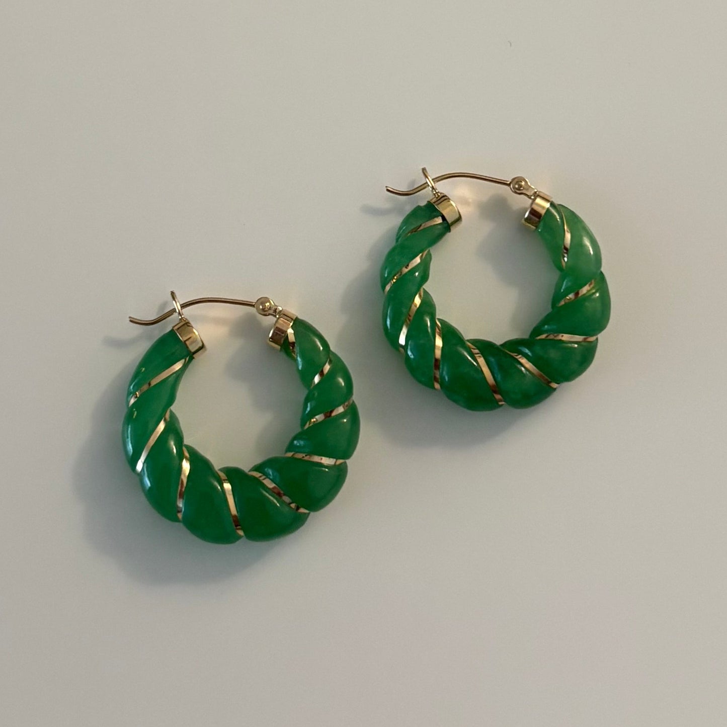 14K Gold Jade Twisted Hoop Earrings