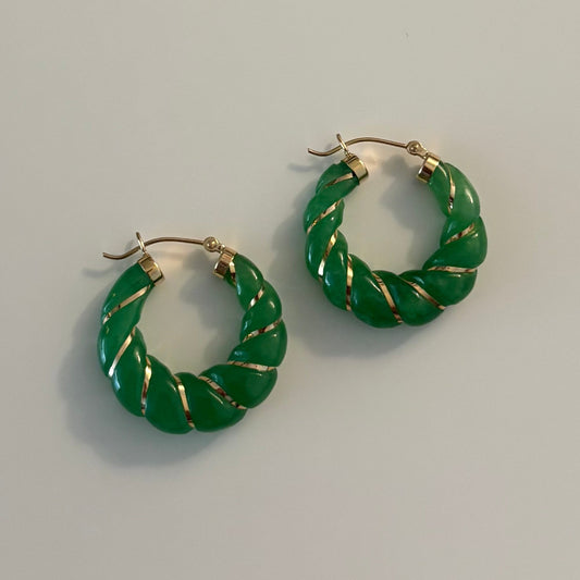 14K Gold Jade Twisted Hoop Earrings