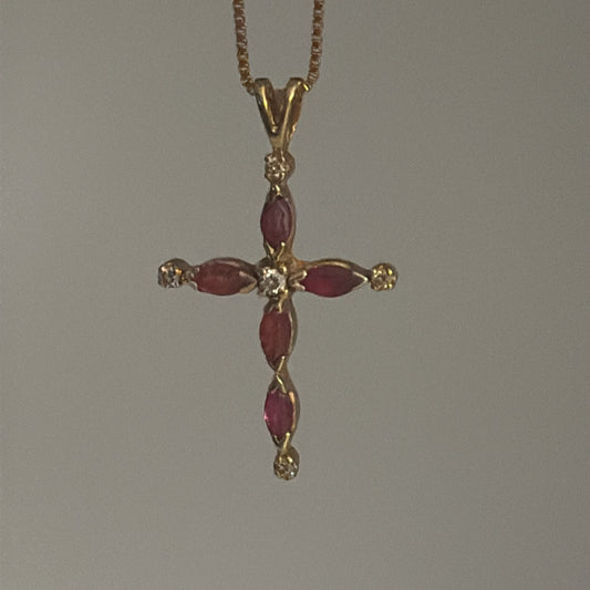 14K Gold Vintage Cross with Rubies & Diamond
