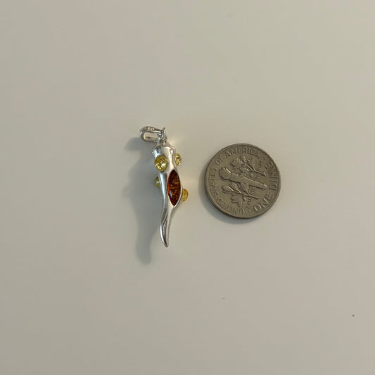 Sterling Silver Cornicello Pendant with Multicolor Amber | Italian Horn Charm | Green, Yellow & Cognac Amber