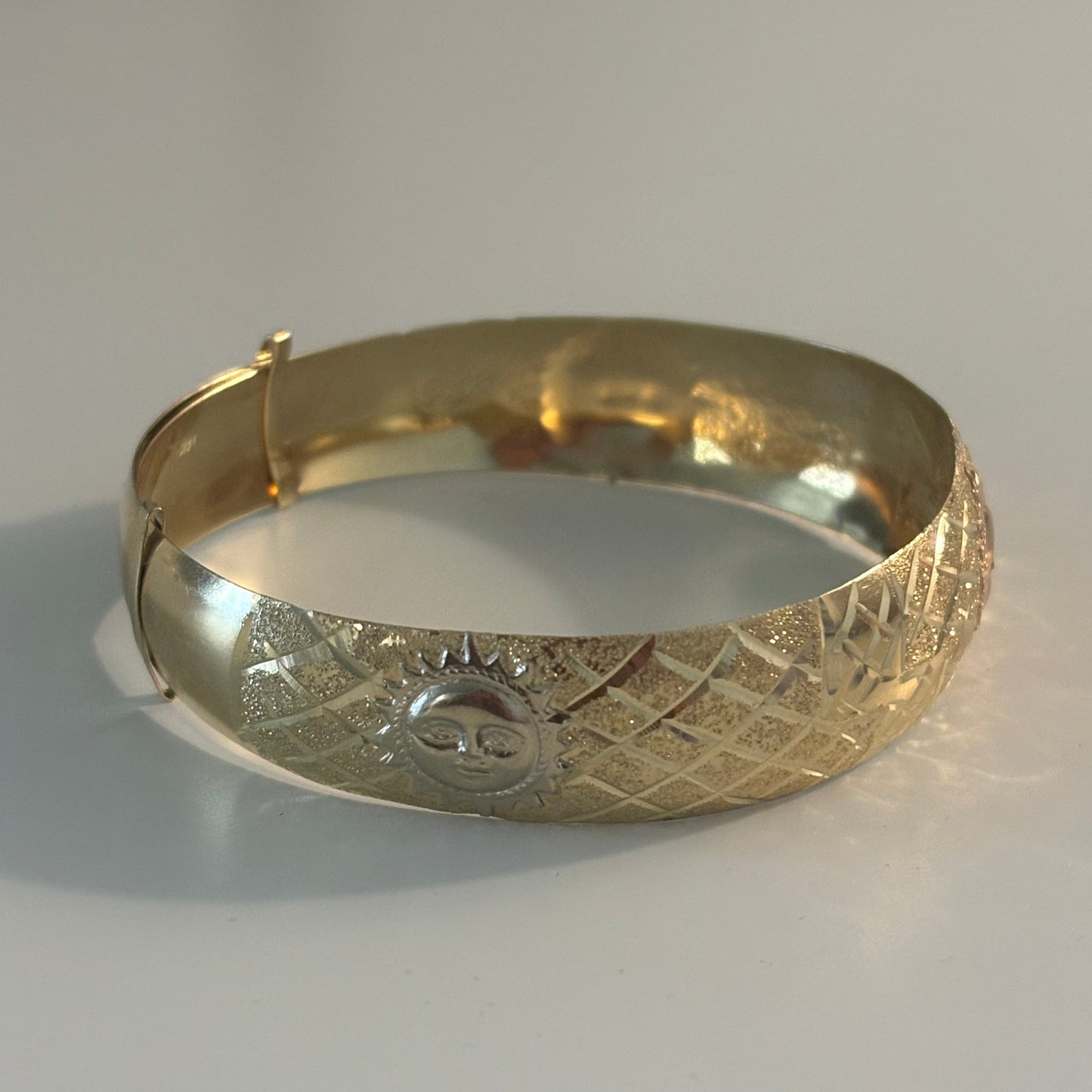 14K Two-Tone Sun Motif Adjustable Bangle Bracelet | Handmade Look