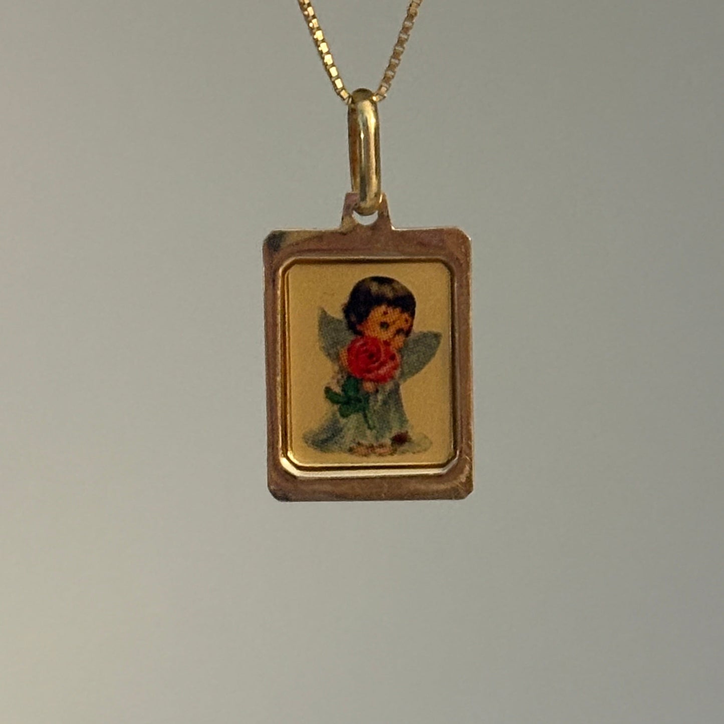 Vintage Italian Angel with Rose Pendant in 14K Gold