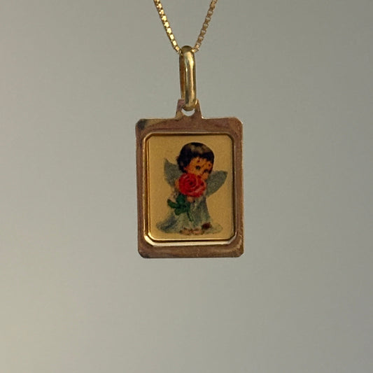 Vintage Italian Angel with Rose Pendant in 14K Gold
