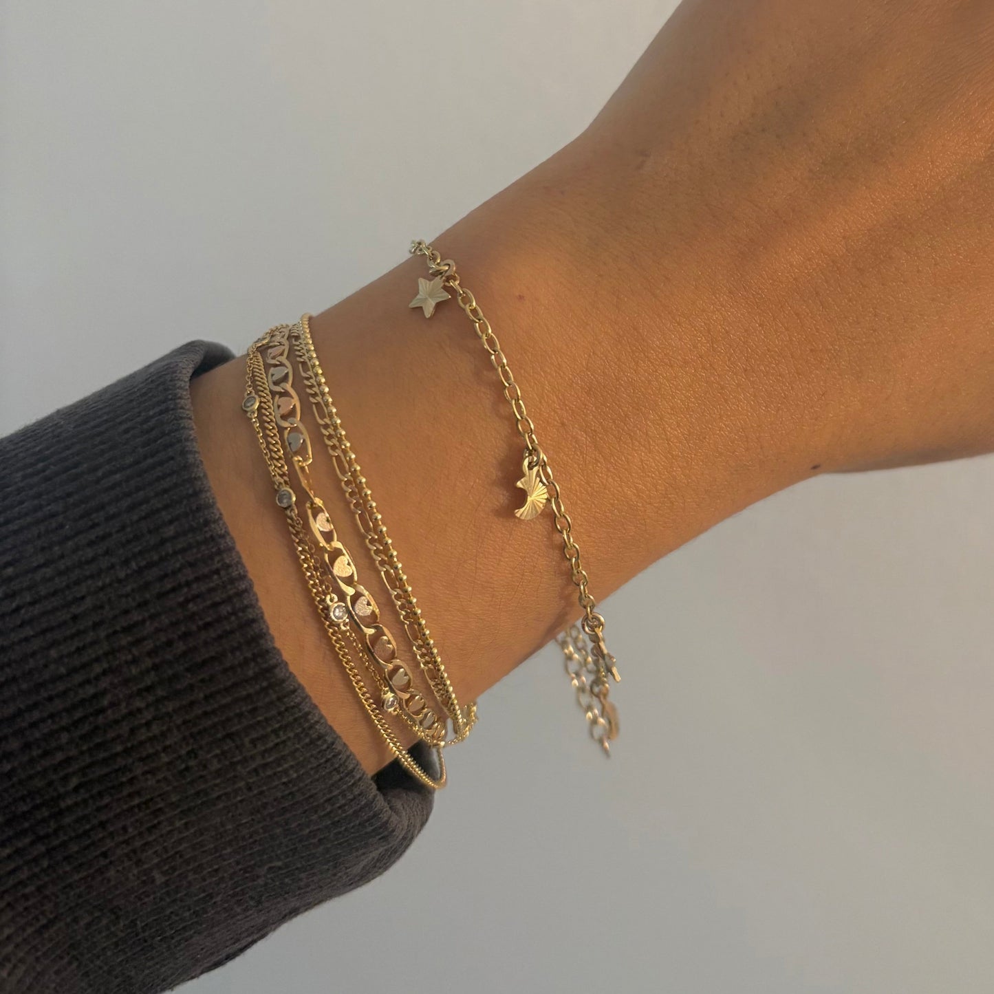 Vintage 14K Gold Moon & Star Charm Bracelet – Celestial Dangle Charms – Adjustable 7–8”