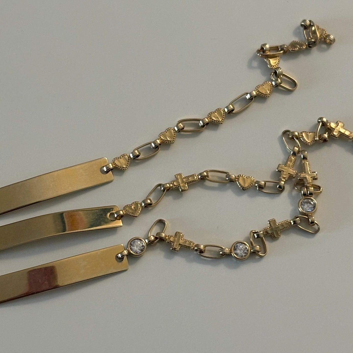 14K Gold ID Bracelets — Hearts, Cross & CZ, or Cross + Hearts (Engraving Included)