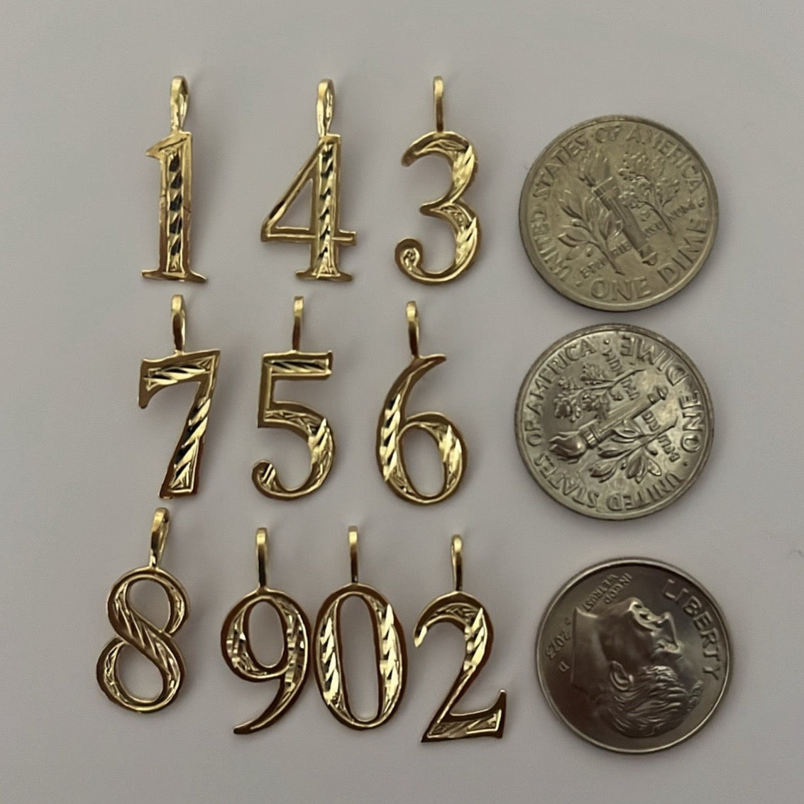 14k solid gold diamond-cut number charms