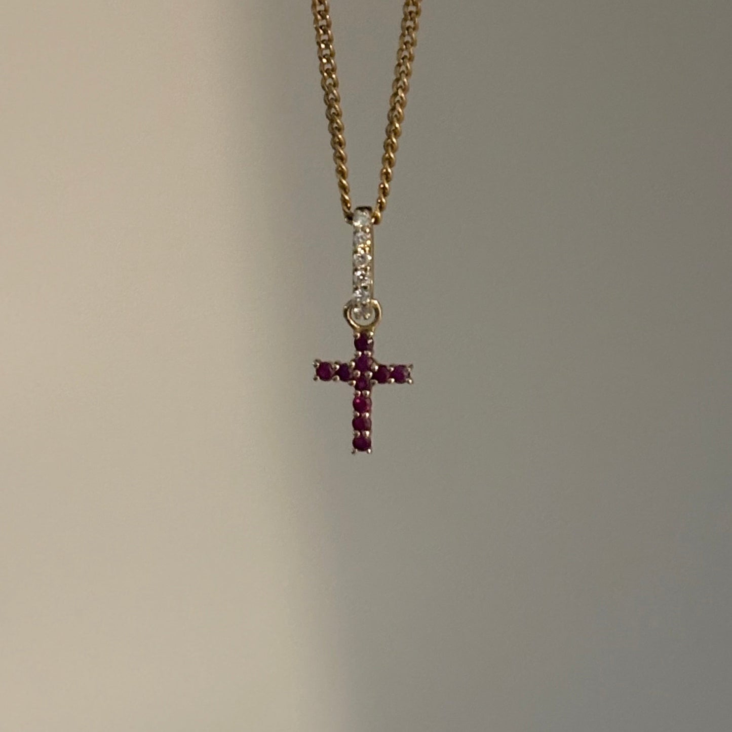 14K Yellow Gold Natural Ruby or Emerald Cross Pendant with Diamond Bail