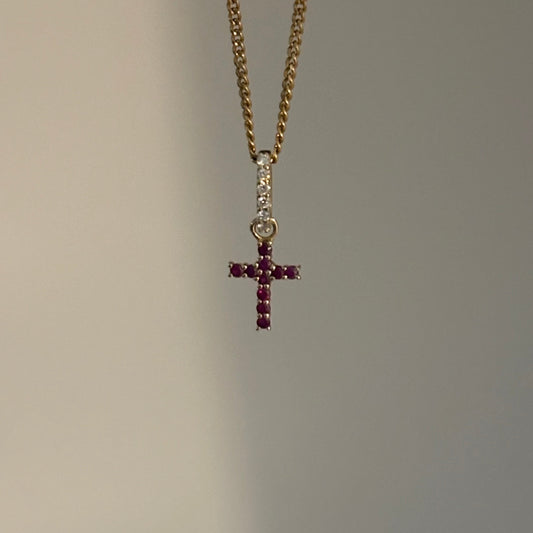 14K Yellow Gold Natural Ruby or Emerald Cross Pendant with Diamond Bail