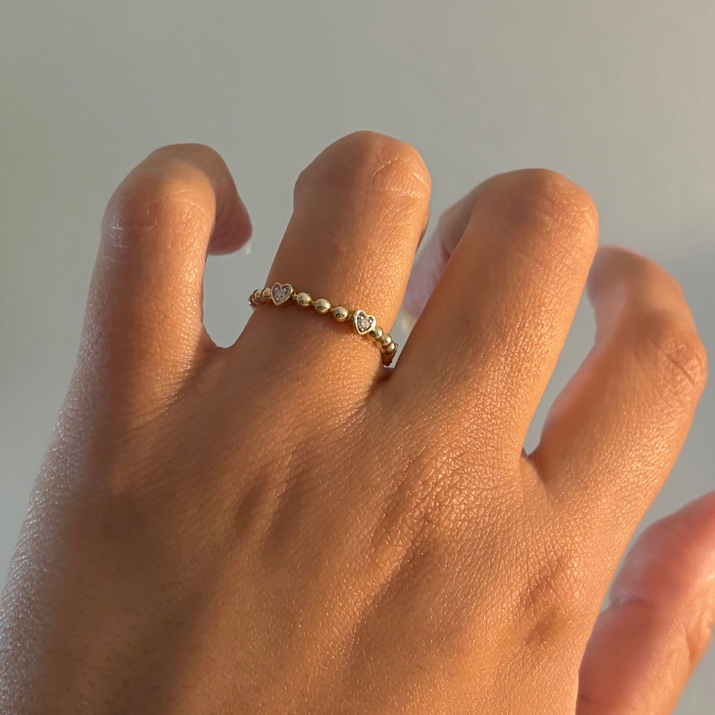 14K Gold Diamond Heart Beaded Ring – Natural Diamonds – Size 7