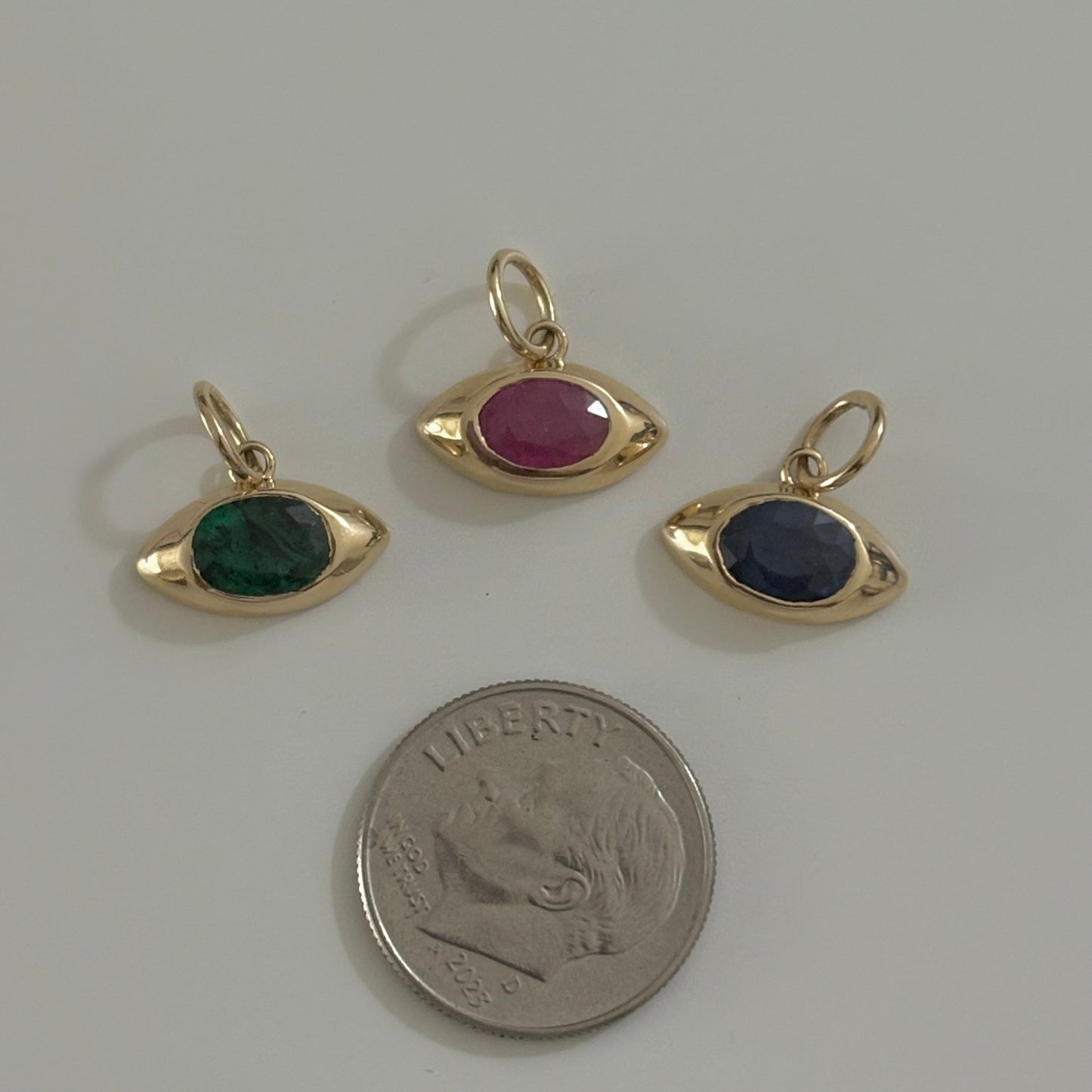 14K Gold Natural Gemstone Eye Charms – Ruby, Sapphire, Emerald