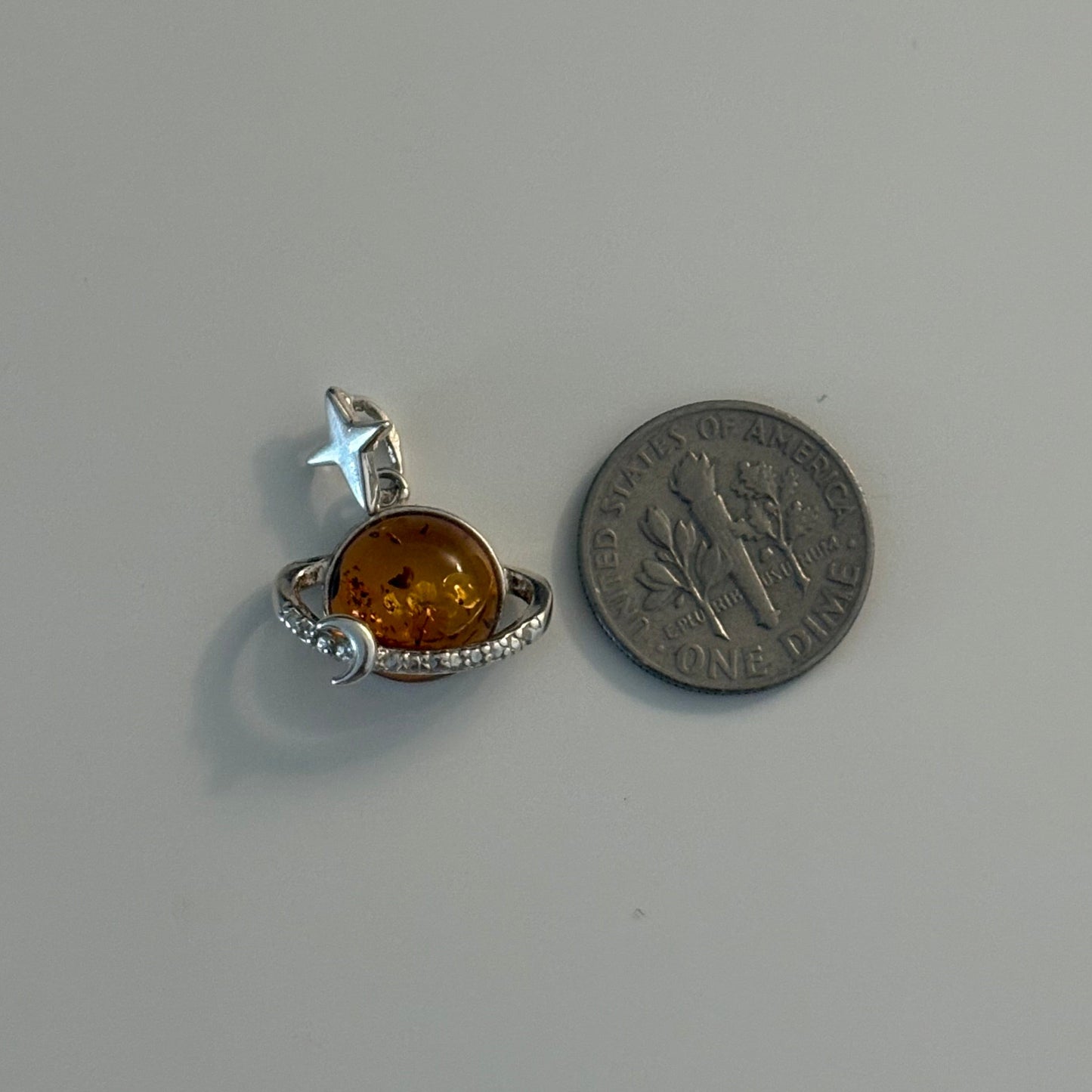 Sterling Silver Saturn Amber Planet Charm Pendant with CZ Accents