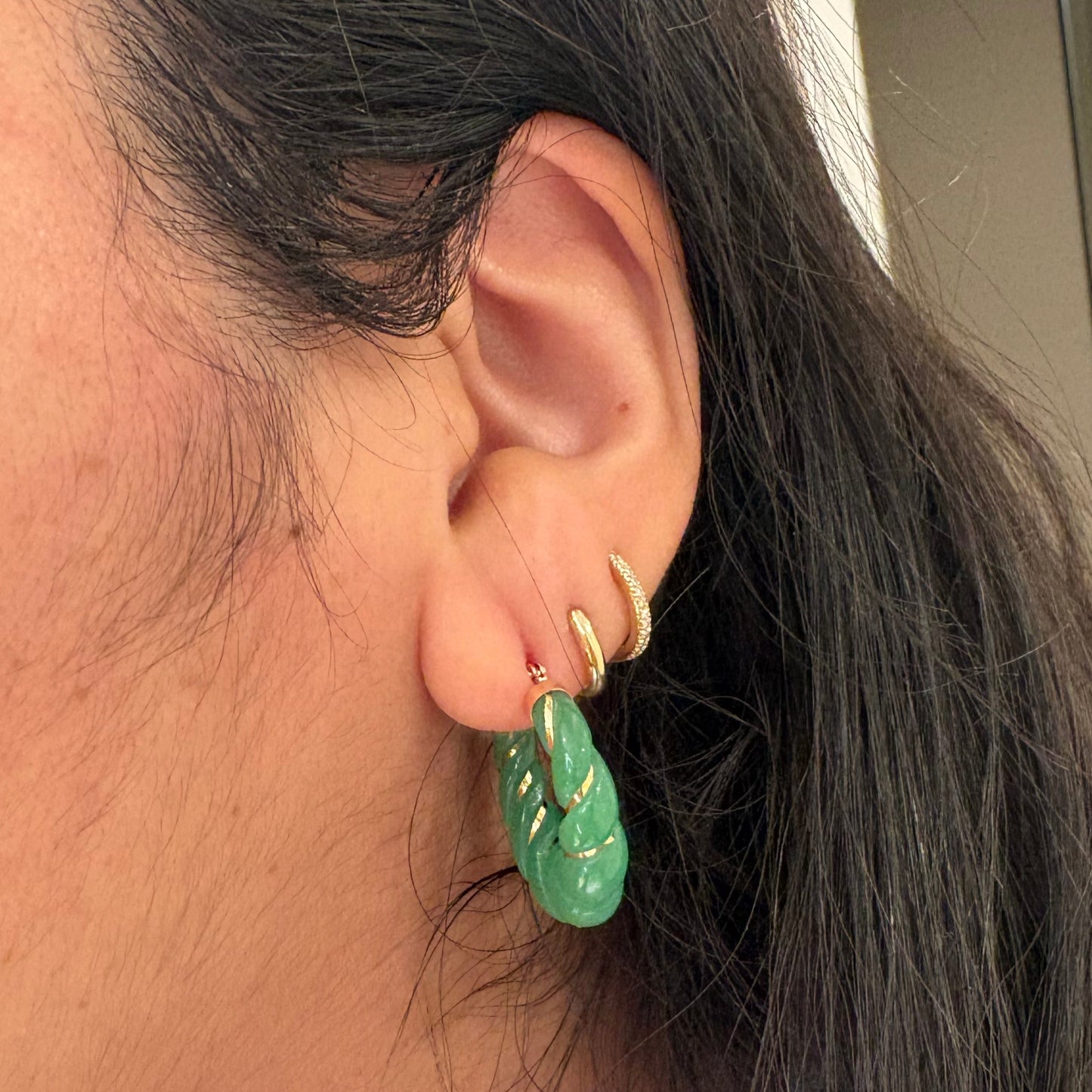 14K Gold Jade Twisted Hoop Earrings