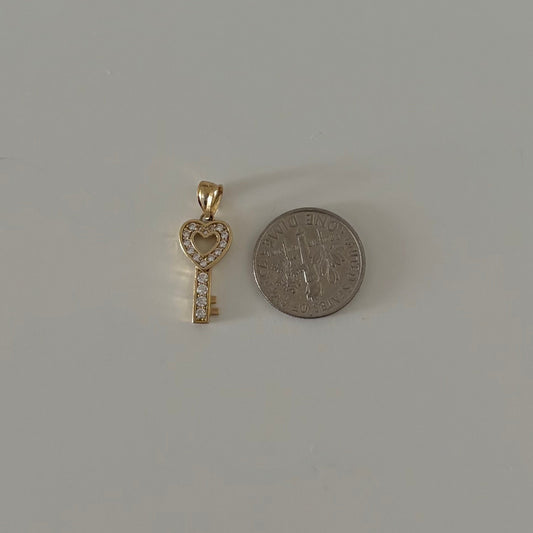 14K Gold Cubic Zirconia Heart Key Charm