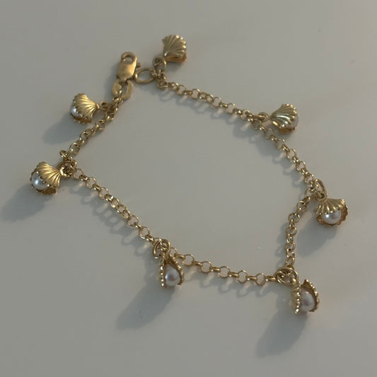 Vintage 14K Gold Oyster Shell & Pearl Charm Bracelet – Made in Italy
