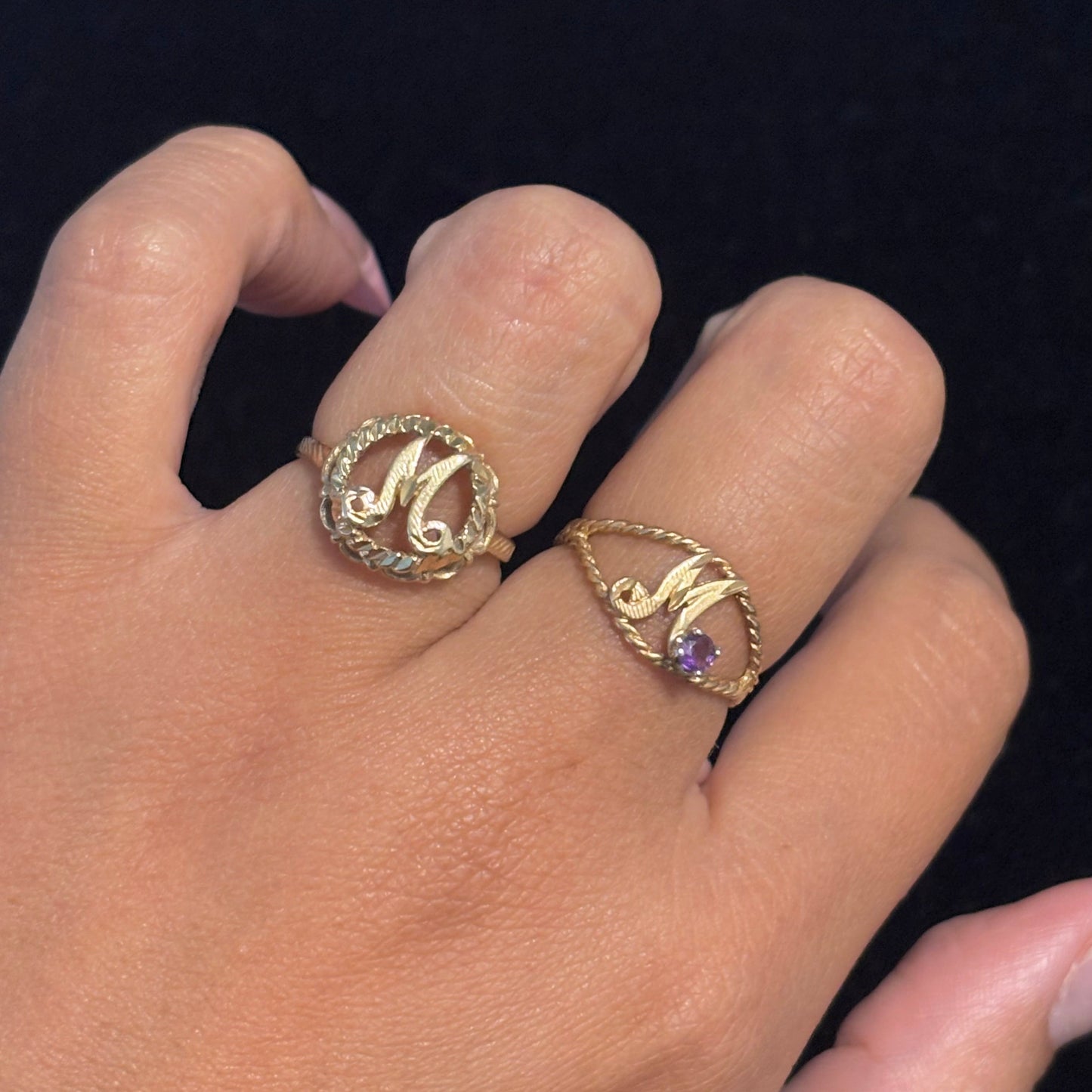 Vintage 14K Gold “M” Initial Rings – Amethyst Accent or Rope Border