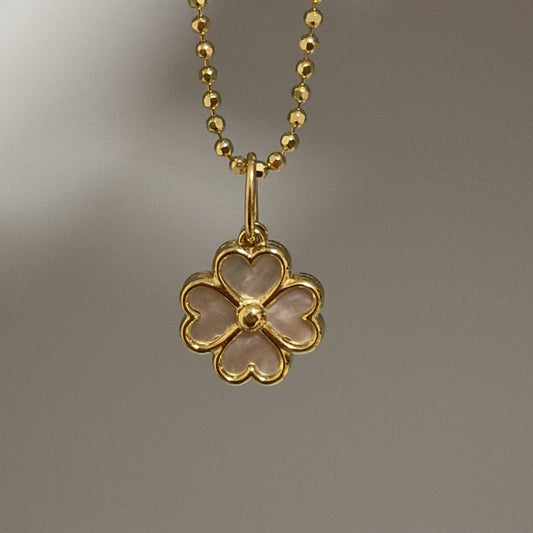 14K mother of pearl heart clover charm