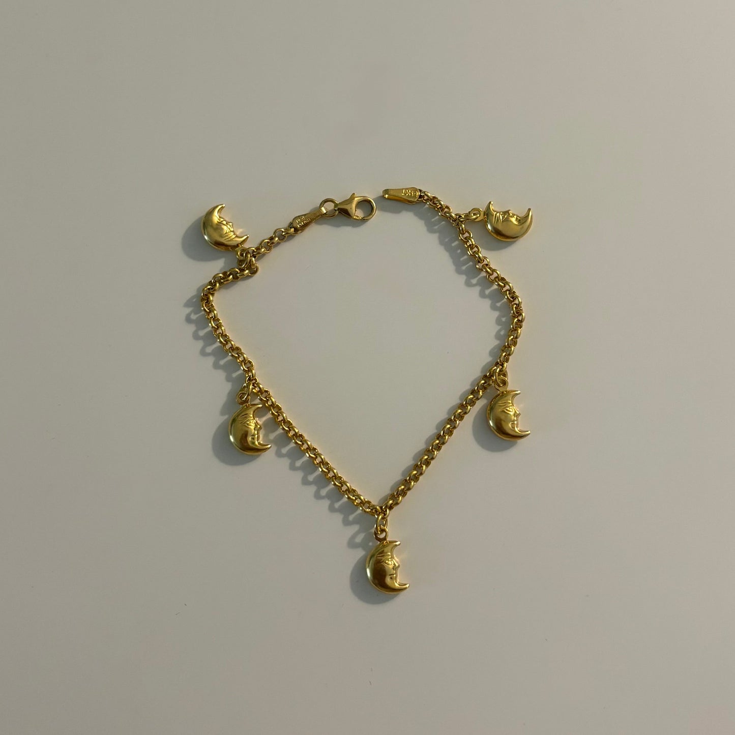 14K Yellow Gold Italian Puffy Crescent Moon Charm Bracelet | Solid Gold | 7”
