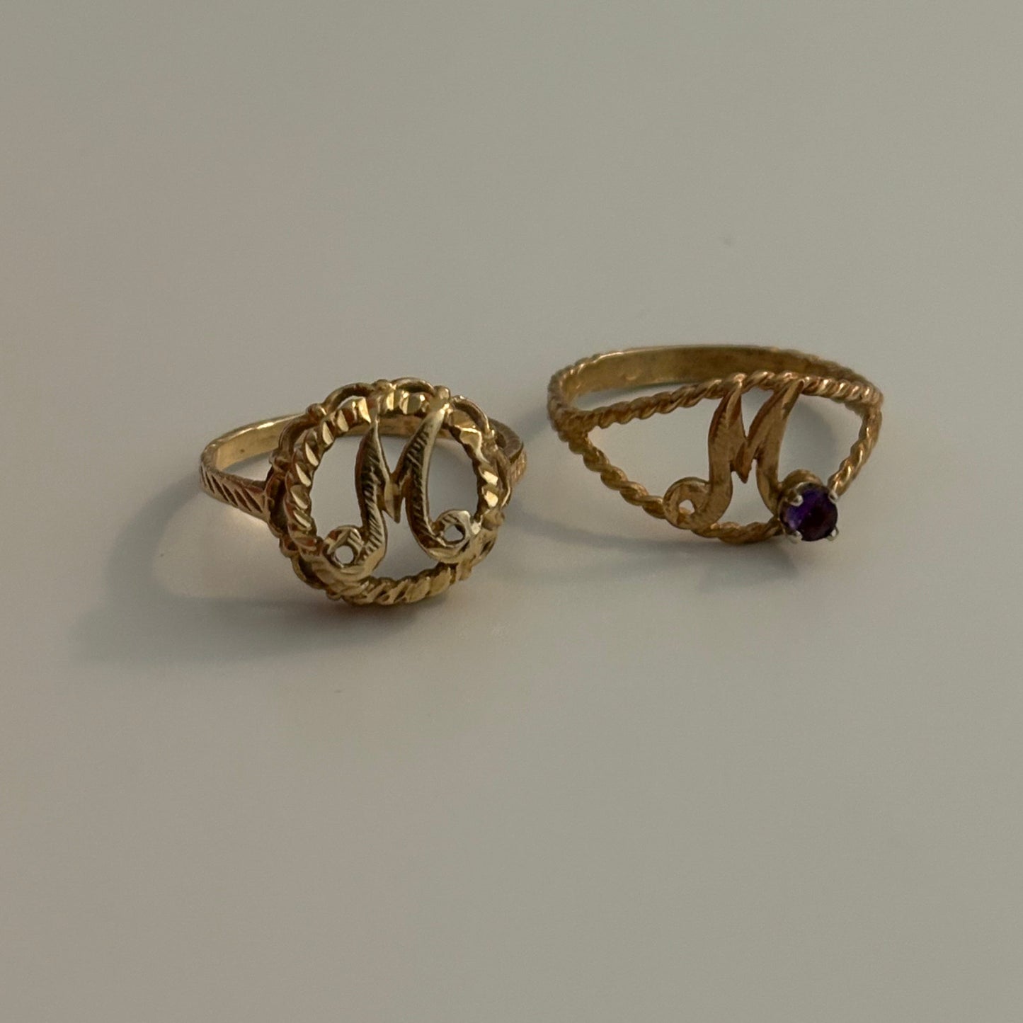 Vintage 14K Gold “M” Initial Rings – Amethyst Accent or Rope Border