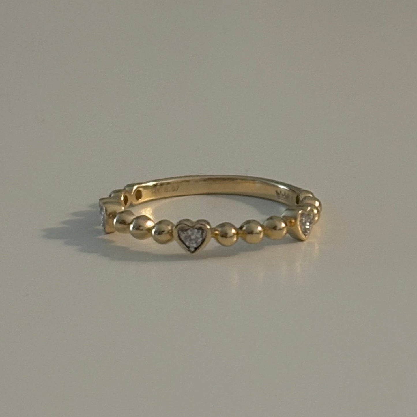 14K Gold Diamond Heart Beaded Ring – Natural Diamonds – Size 7