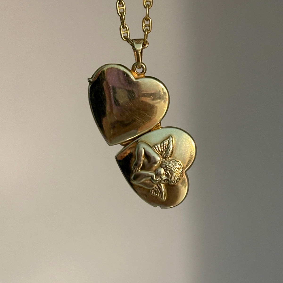 14K Gold Cherub Angel Heart Locket Charm