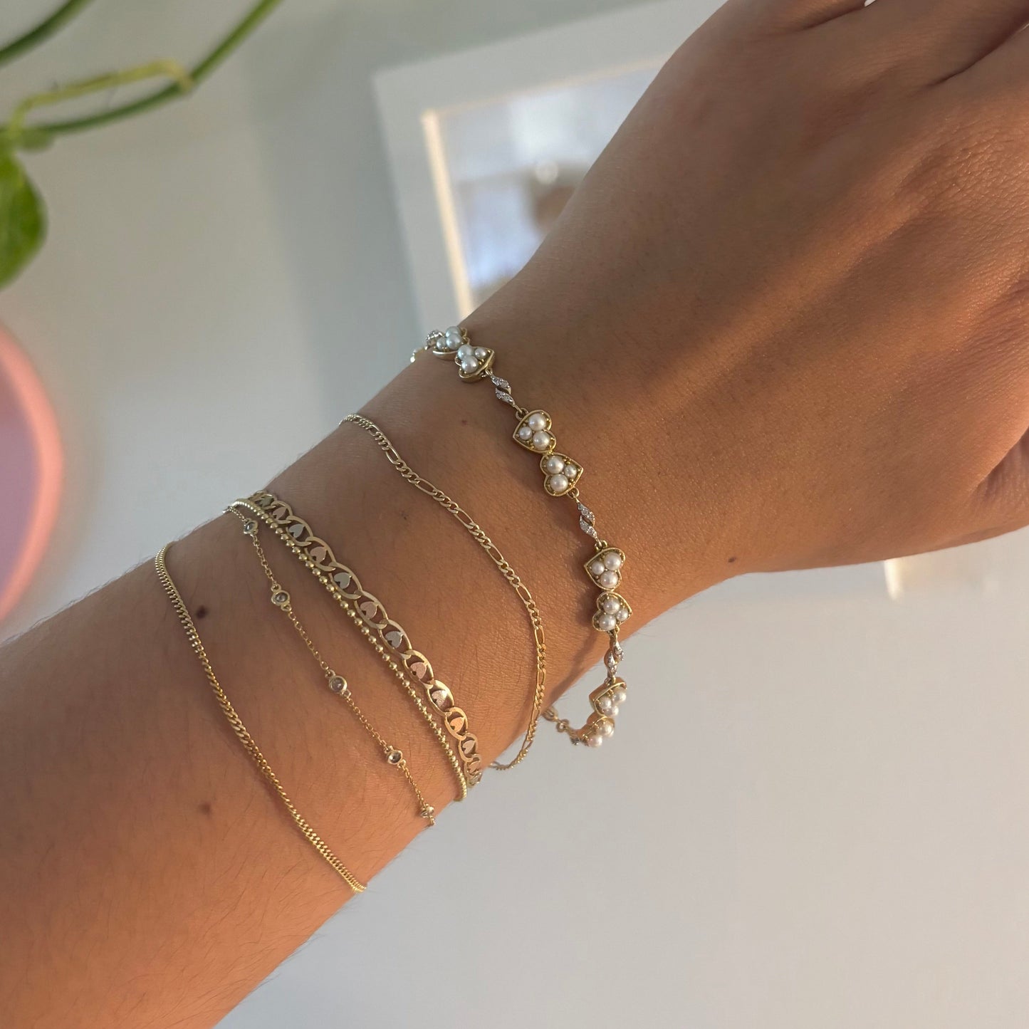 10K Gold Cultured Pearl & Diamond Heart Bracelet – 7 Inches