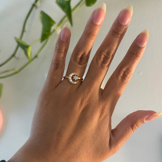 10K Yellow Gold Crescent Moon Ring with Diamond Star & Cultured Pearls