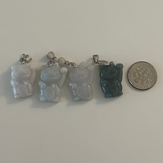 Jade Maneki Neko Lucky Cat Charm Pendant S925 Silver Bail
