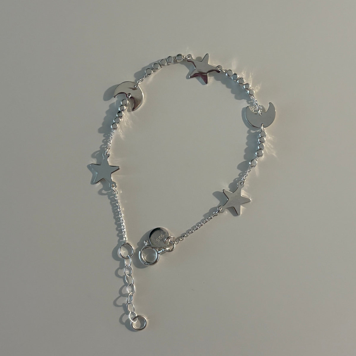 925 Sterling Silver Moon & Star Beaded Bracelet