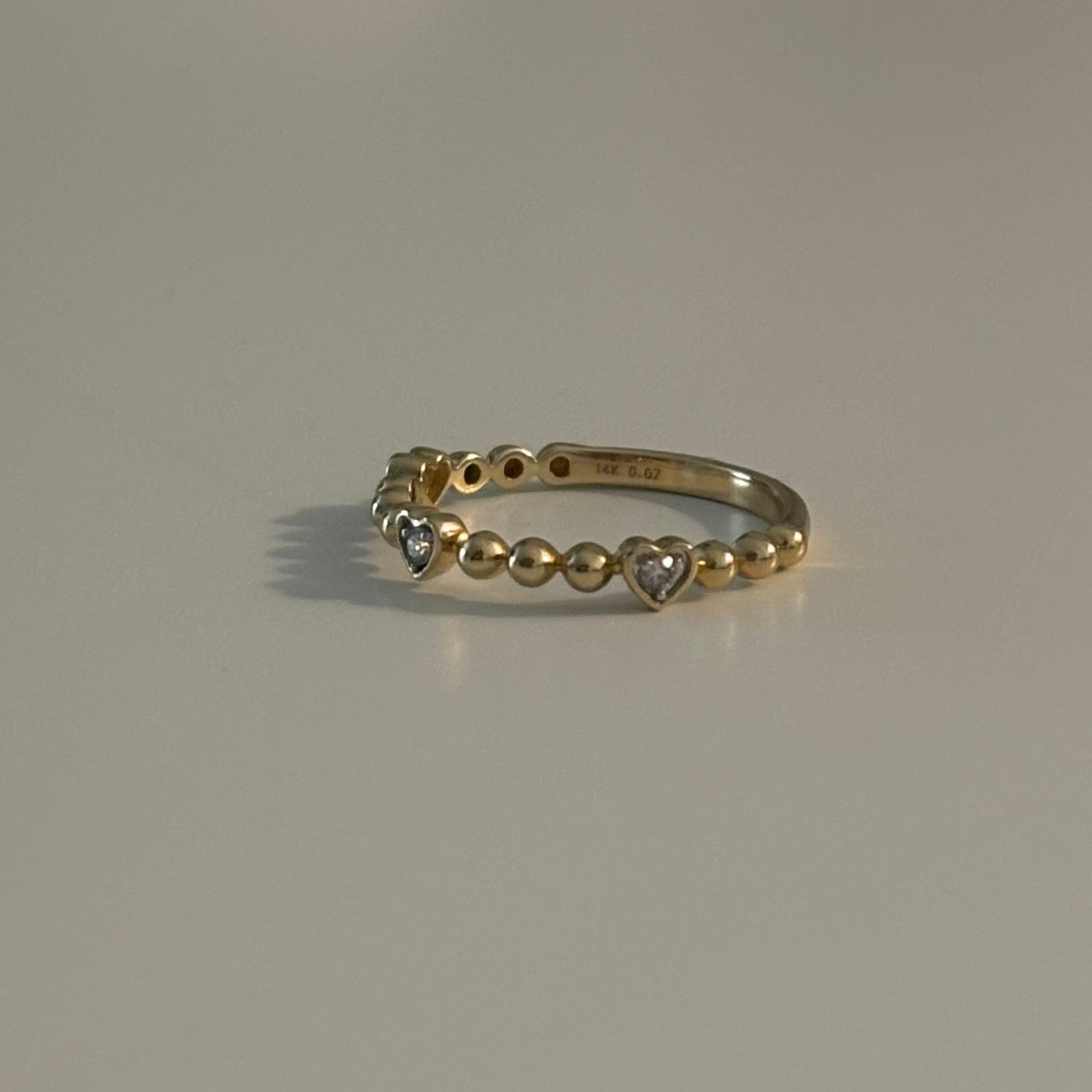 14K Gold Diamond Heart Beaded Ring – Natural Diamonds – Size 7
