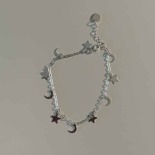 925 Sterling Silver Dangling Moon & Star Bracelet